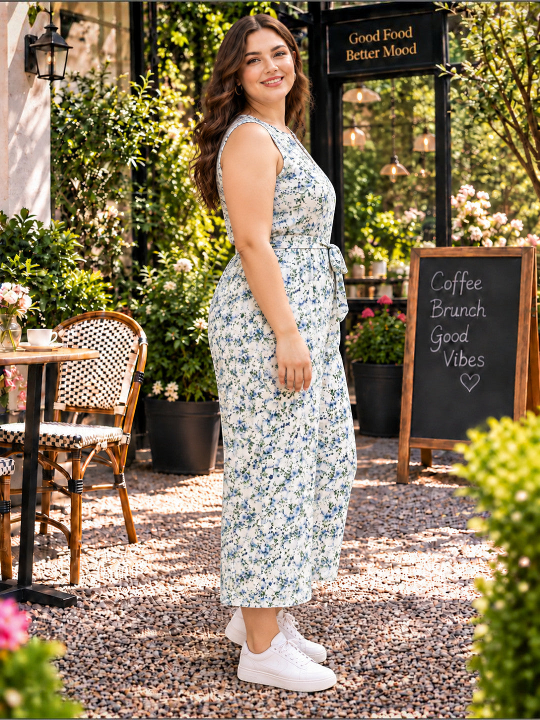 Women Plus Size White Floral Print Cotton Linen V-Neck Sleeveless Jumpsuit