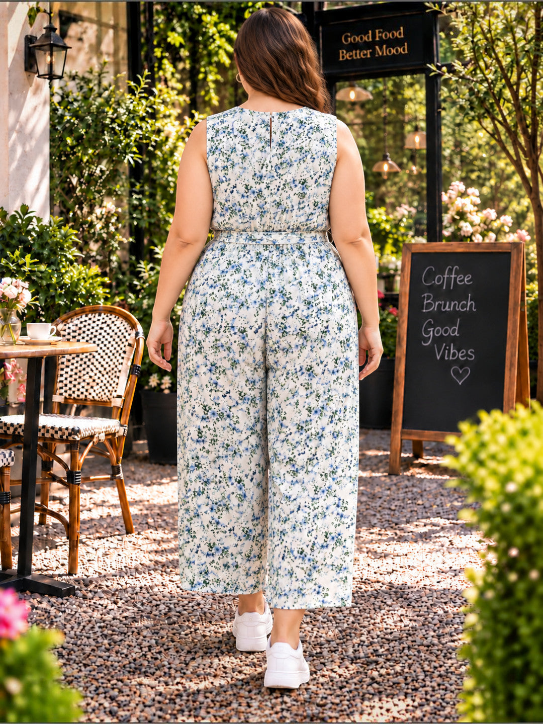 Women Plus Size White Floral Print Cotton Linen V-Neck Sleeveless Jumpsuit