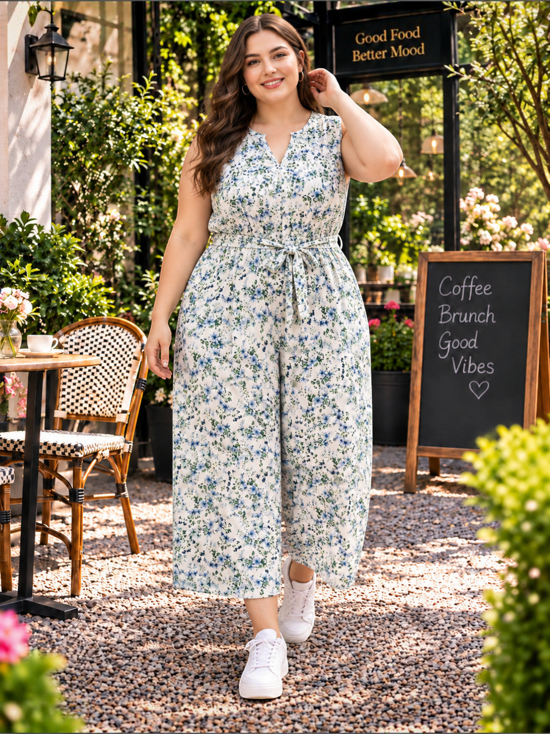 Women Plus Size White Floral Print Cotton Linen V-Neck Sleeveless Jumpsuit