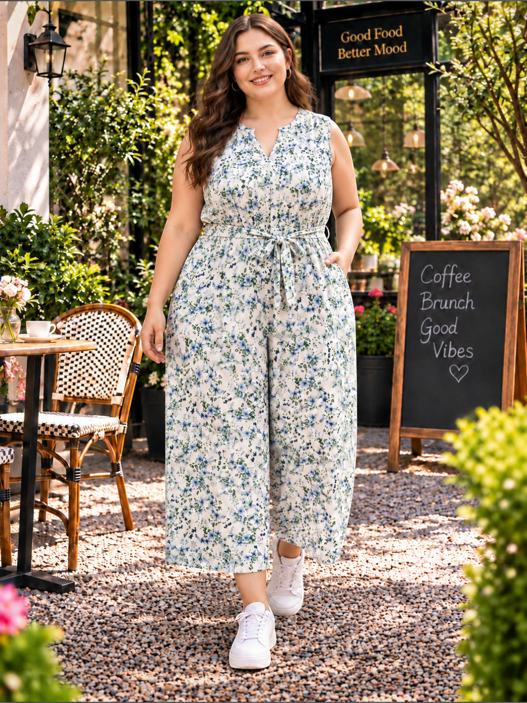 Women Plus Size White Floral Print Cotton Linen V-Neck Sleeveless Jumpsuit
