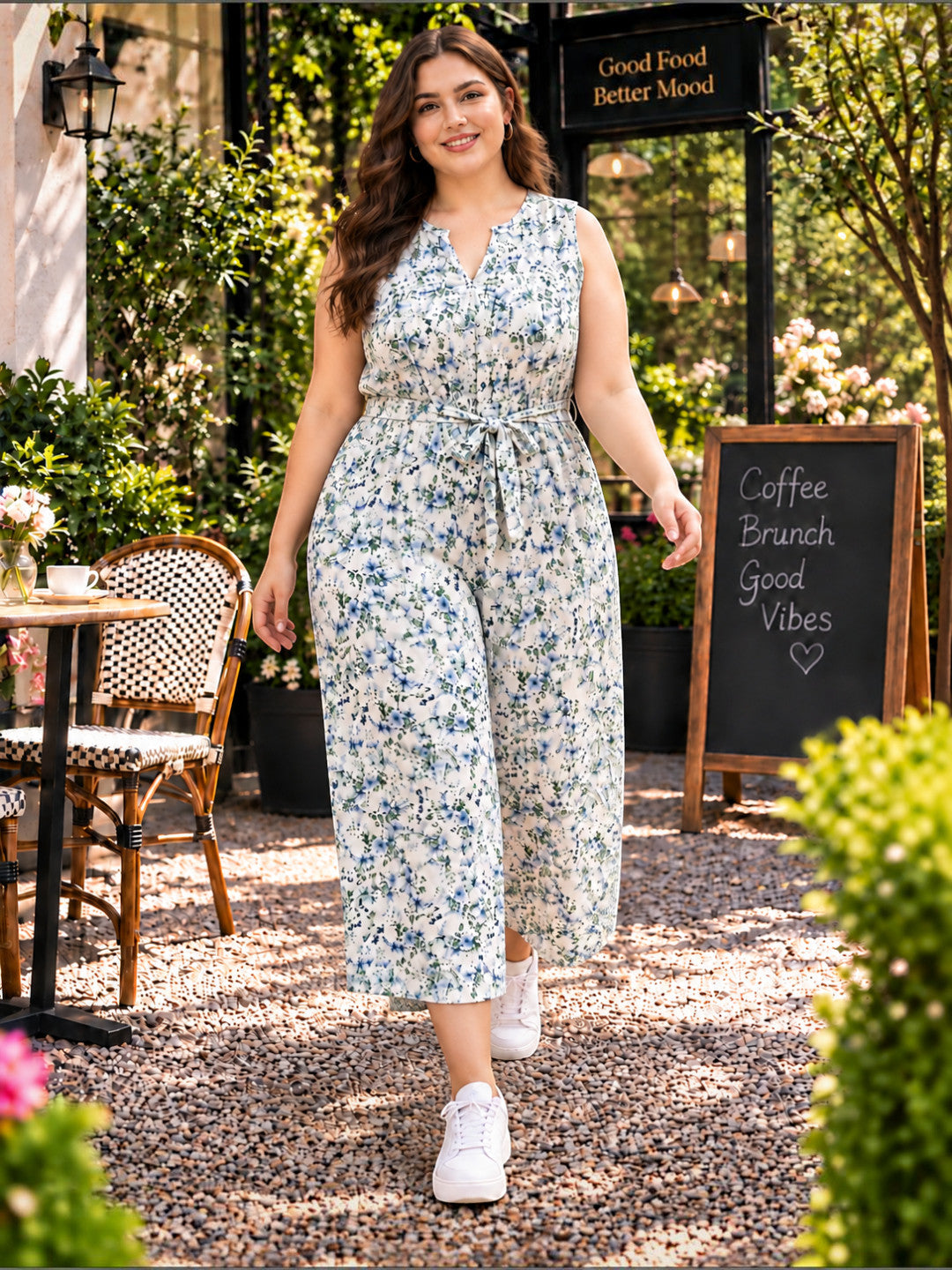 Women Plus Size White Floral Print Cotton Linen V-Neck Sleeveless Jumpsuit