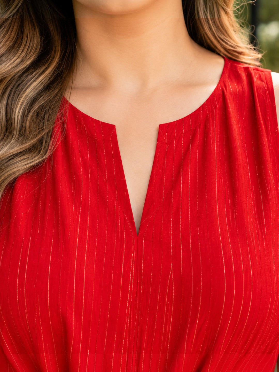 Women Plus Size Red Lurex Stripe V-Neck Sleeveless Jumpsuit