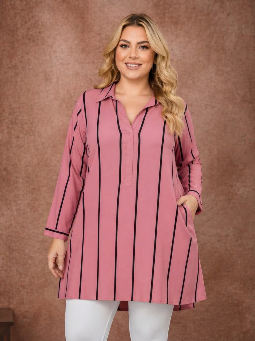 Women Plus Size Pink Stripe print Collared Long Sleeve Tunic