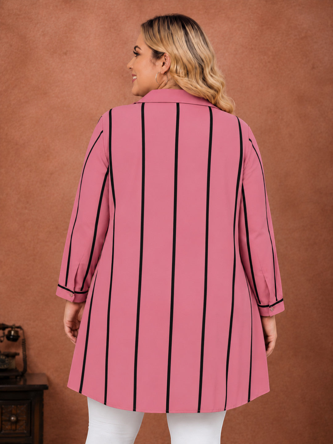 Women Plus Size Pink Stripe print Collared Long Sleeve Tunic