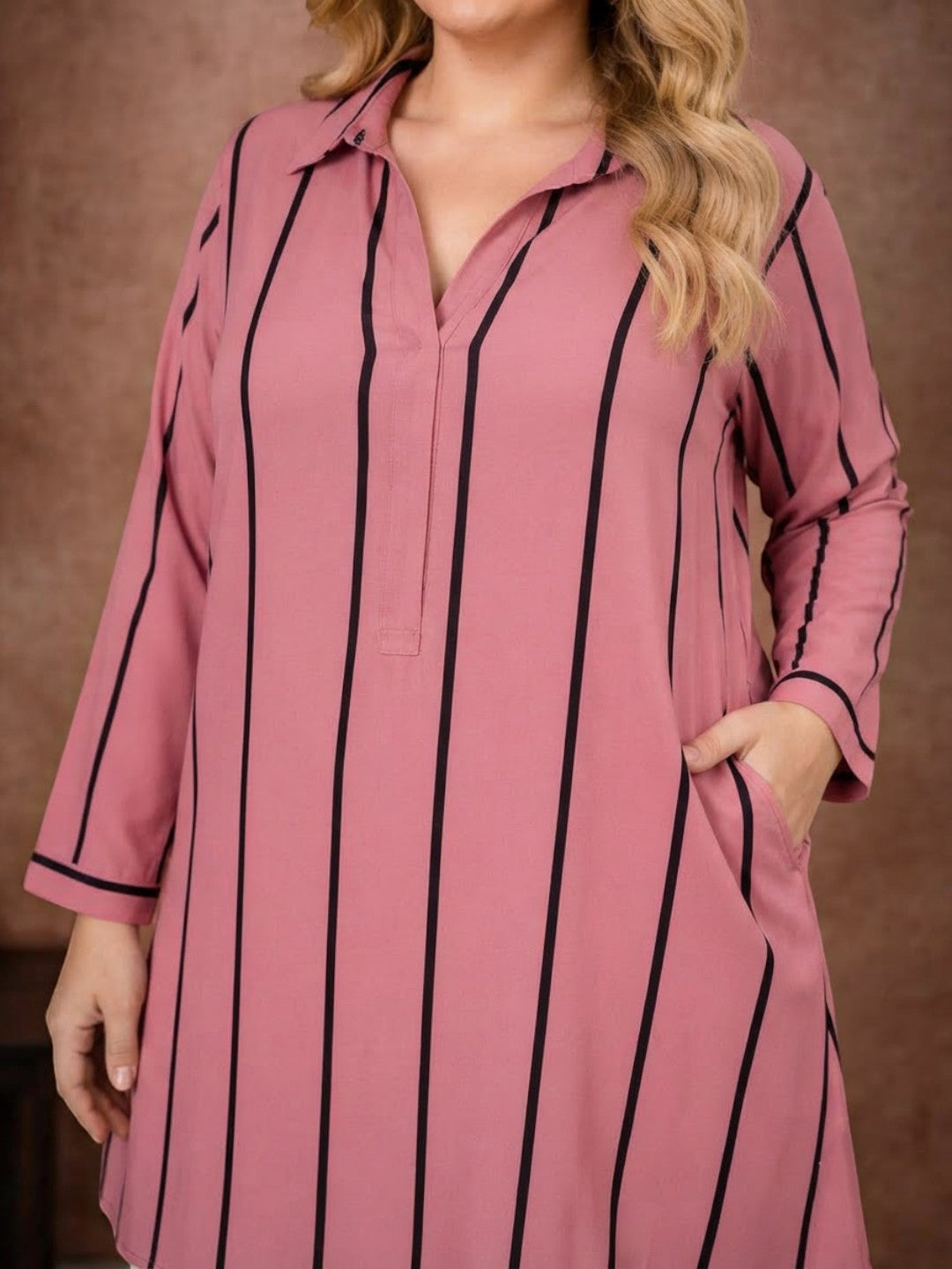 Women Plus Size Pink Stripe print Collared Long Sleeve Tunic