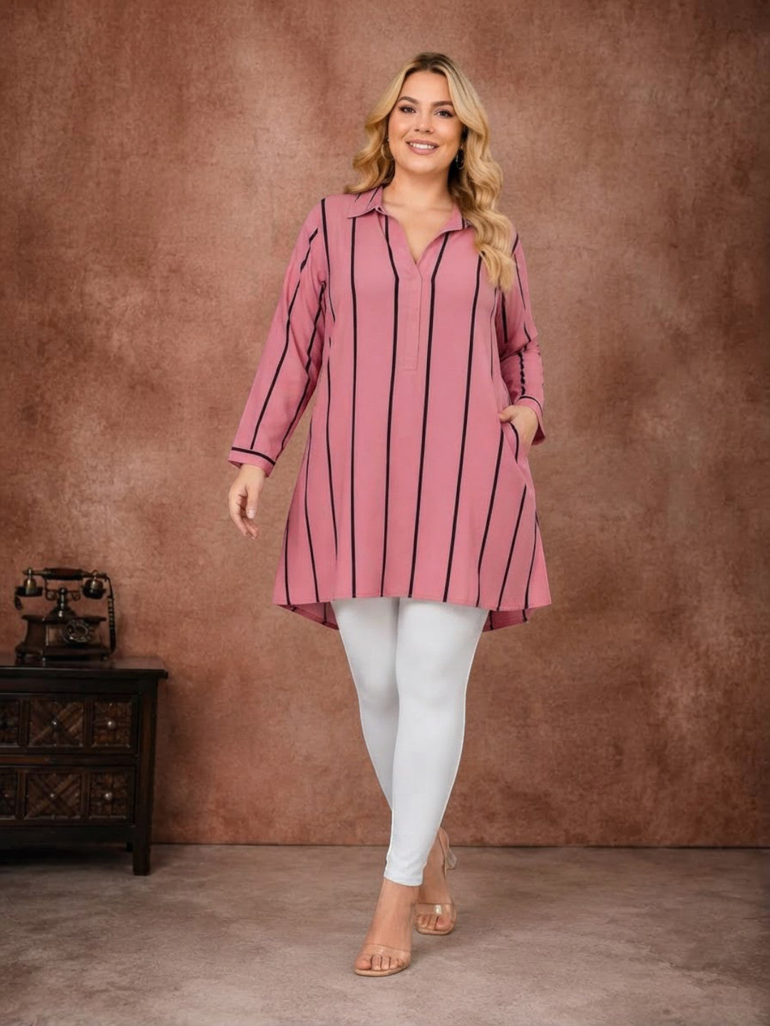 Women Plus Size Pink Stripe print Collared Long Sleeve Tunic
