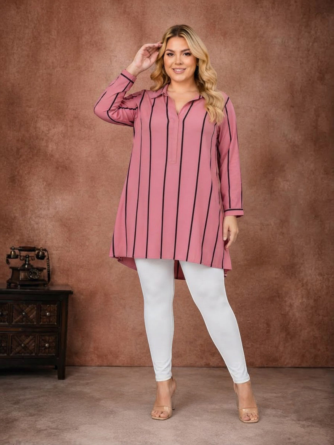 Women Plus Size Pink Stripe print Collared Long Sleeve Tunic
