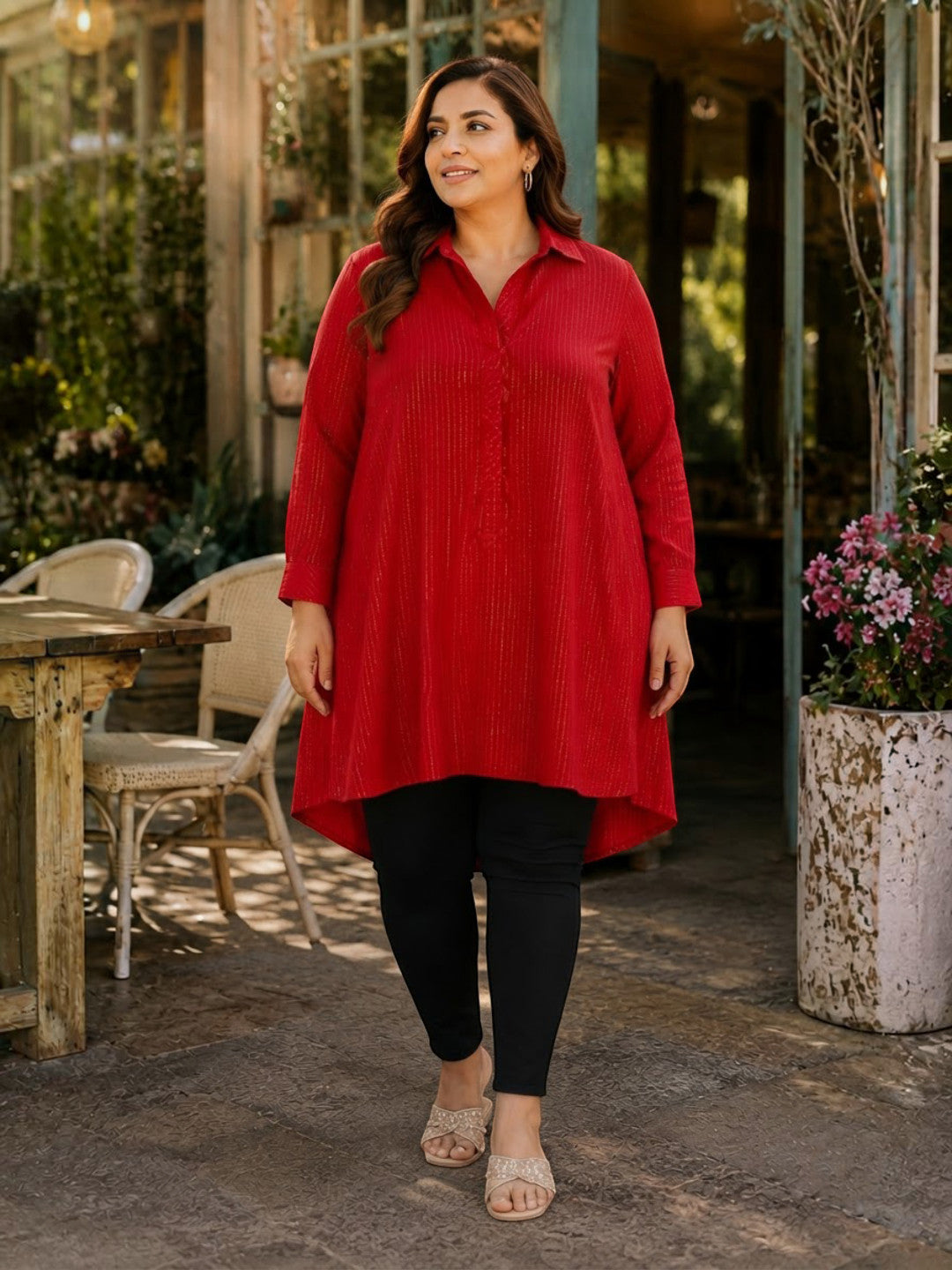 Women Plus Size Red Lurex Print Viscose Tunic Oxolloxo