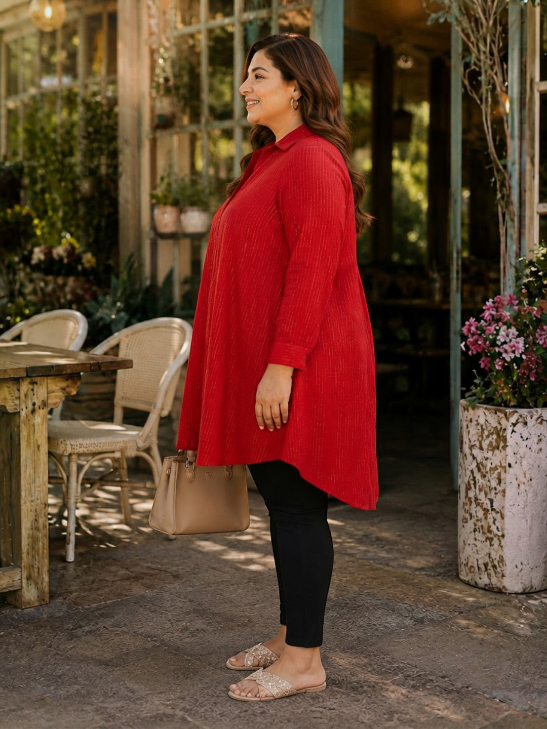 Women Plus Size Red Lurex Print Viscose Tunic Oxolloxo