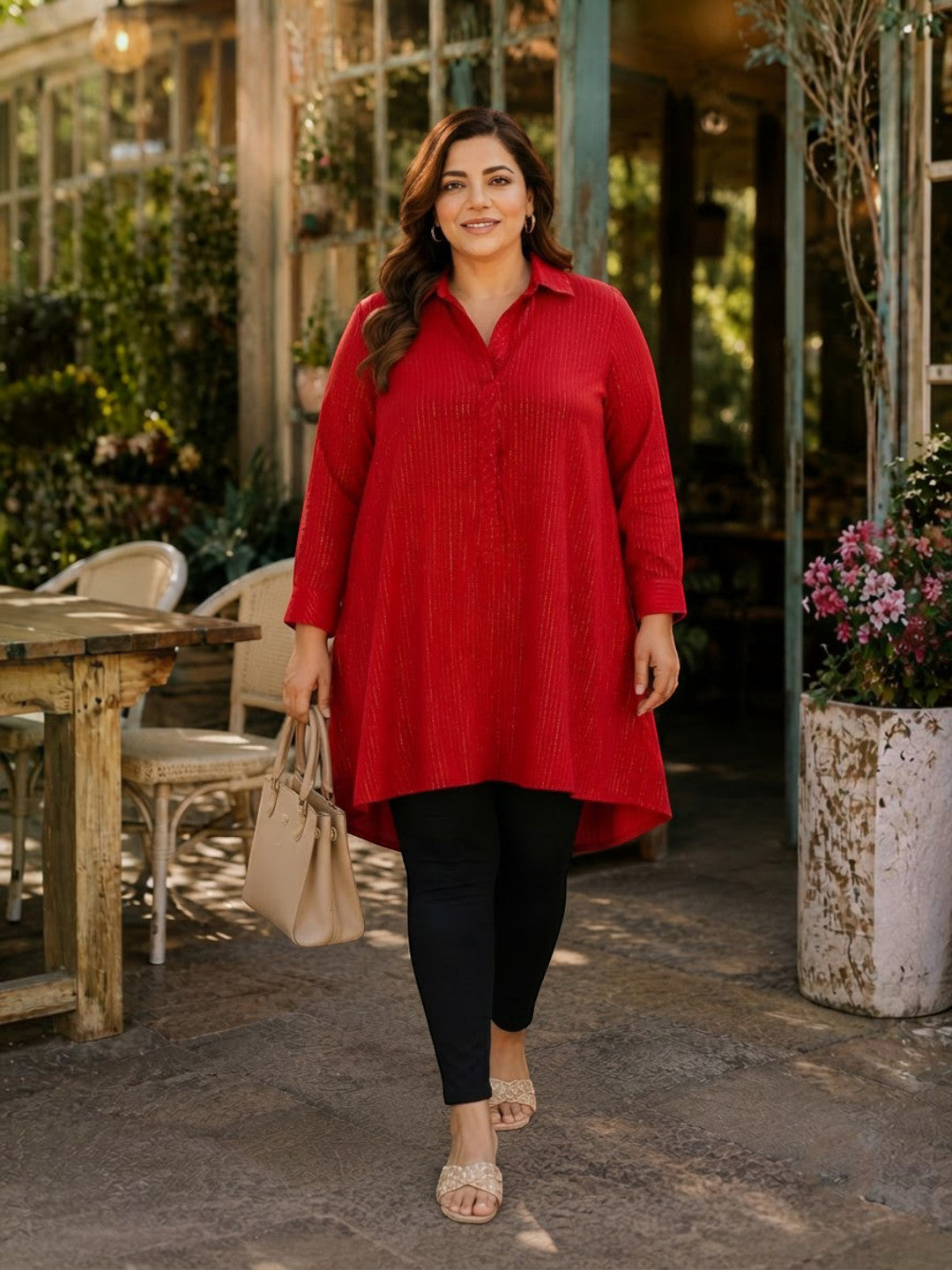 Women Plus Size Red Lurex Print Viscose Tunic Oxolloxo