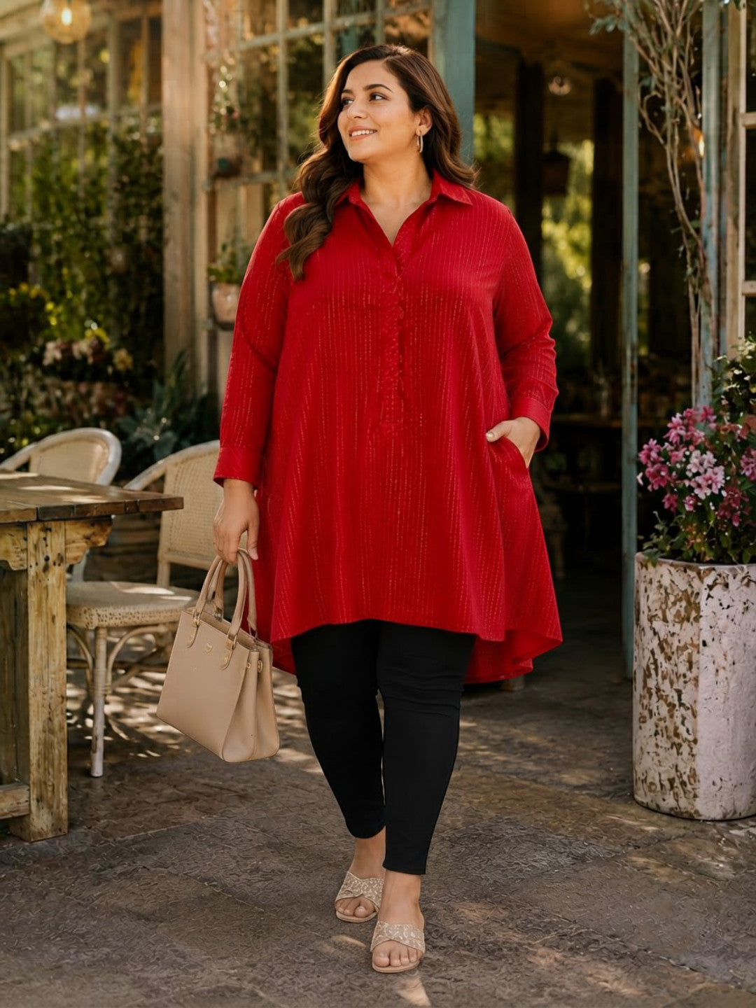 Women Plus Size Red Lurex Print Viscose Tunic Oxolloxo