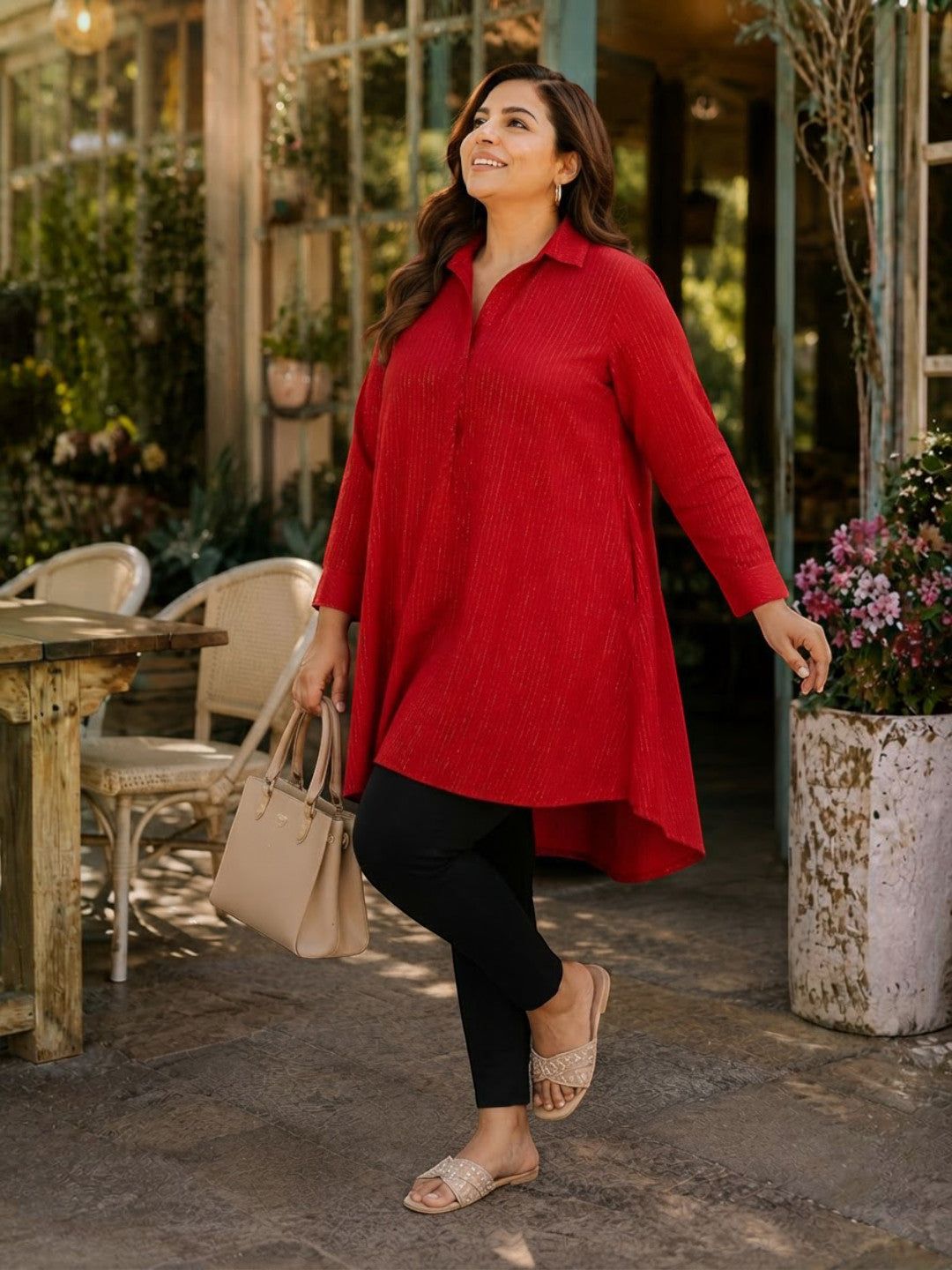 Women Plus Size Red Lurex Print Viscose Tunic Oxolloxo