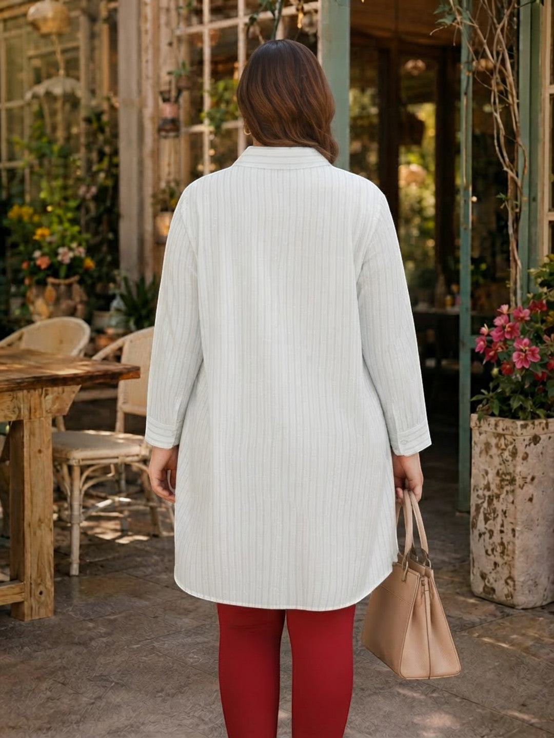 Women Plus Size White Stripes Cotton Tunic Oxolloxo