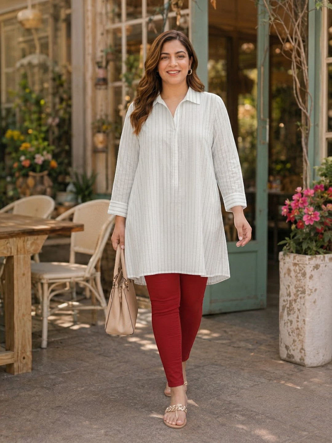 Women Plus Size White Stripes Cotton Tunic Oxolloxo
