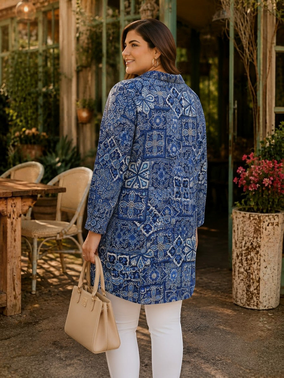 Women Plus Size Blue Geometric Print Viscose Tunic Oxolloxo