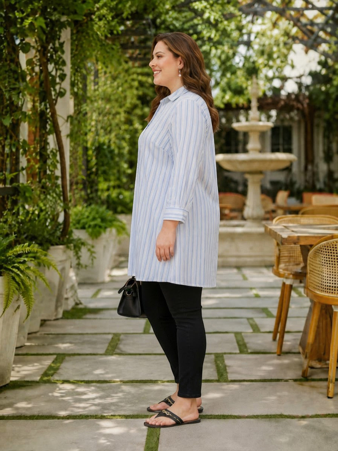 Women Plus Size Blue Stripes Cotton Tunic Oxolloxo