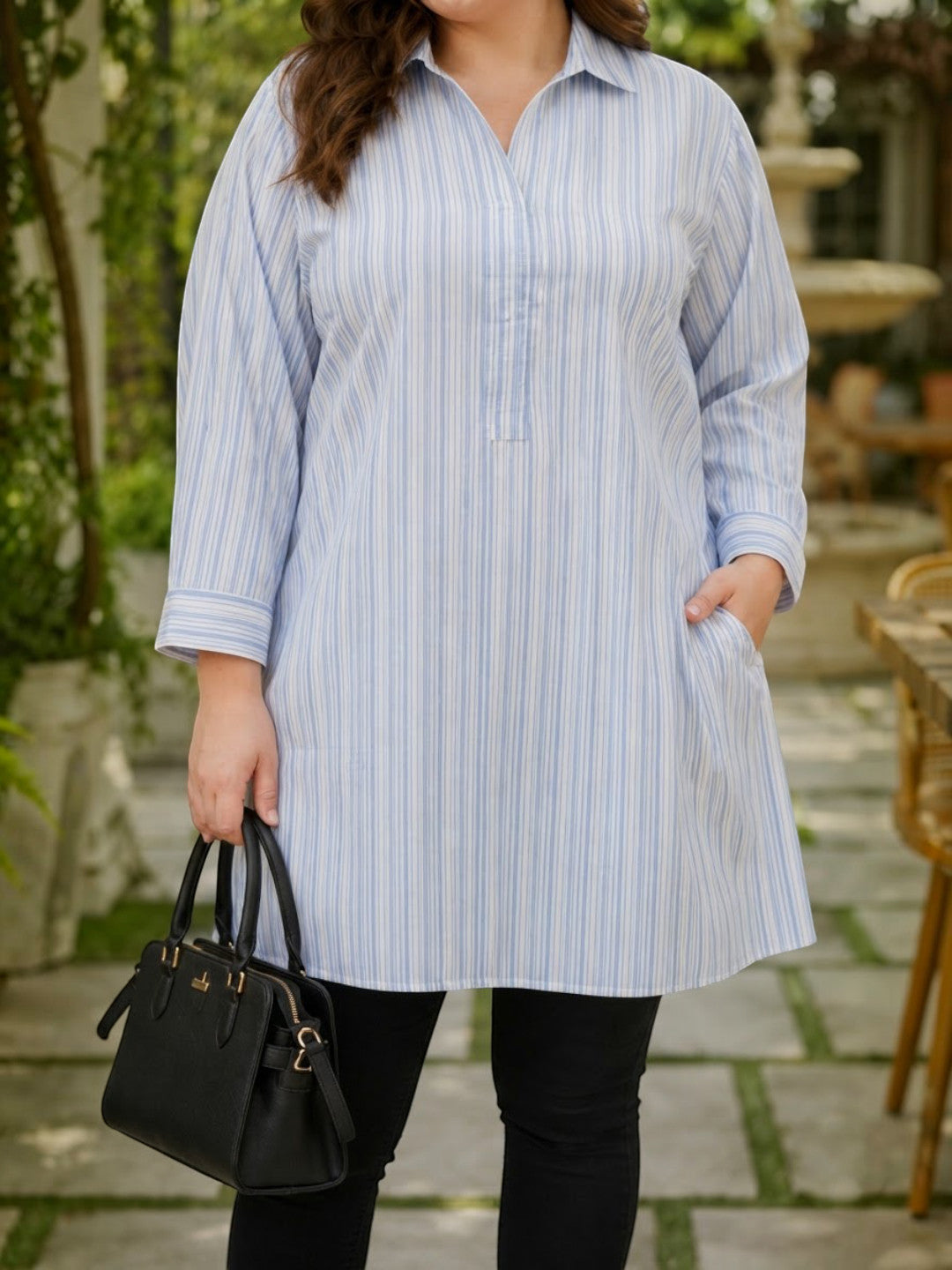 Women Plus Size Blue Stripes Cotton Tunic Oxolloxo