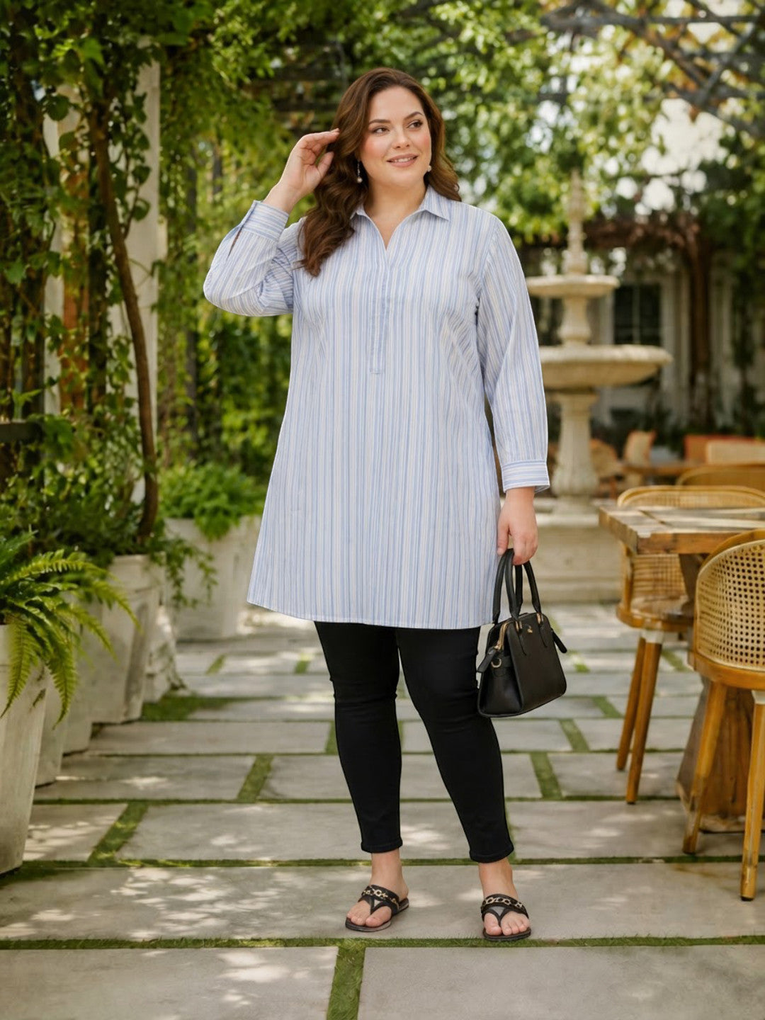 Women Plus Size Blue Stripes Cotton Tunic Oxolloxo