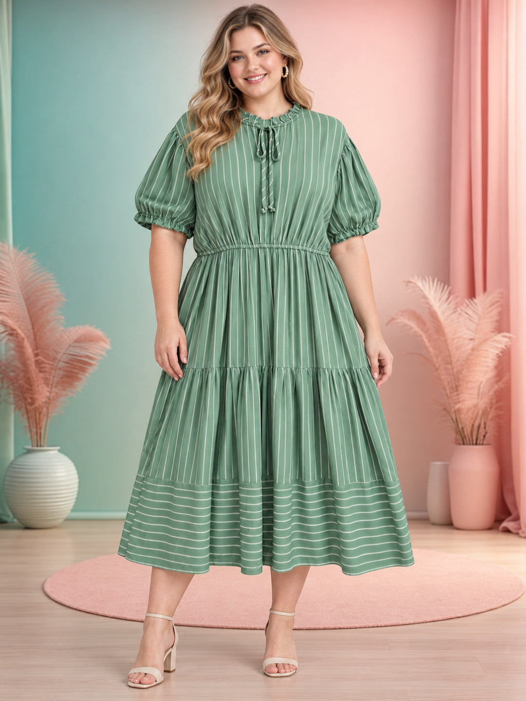 Women Plus Size Green Striped Round Neck Tie-Up Short Sleeve Midi Dress