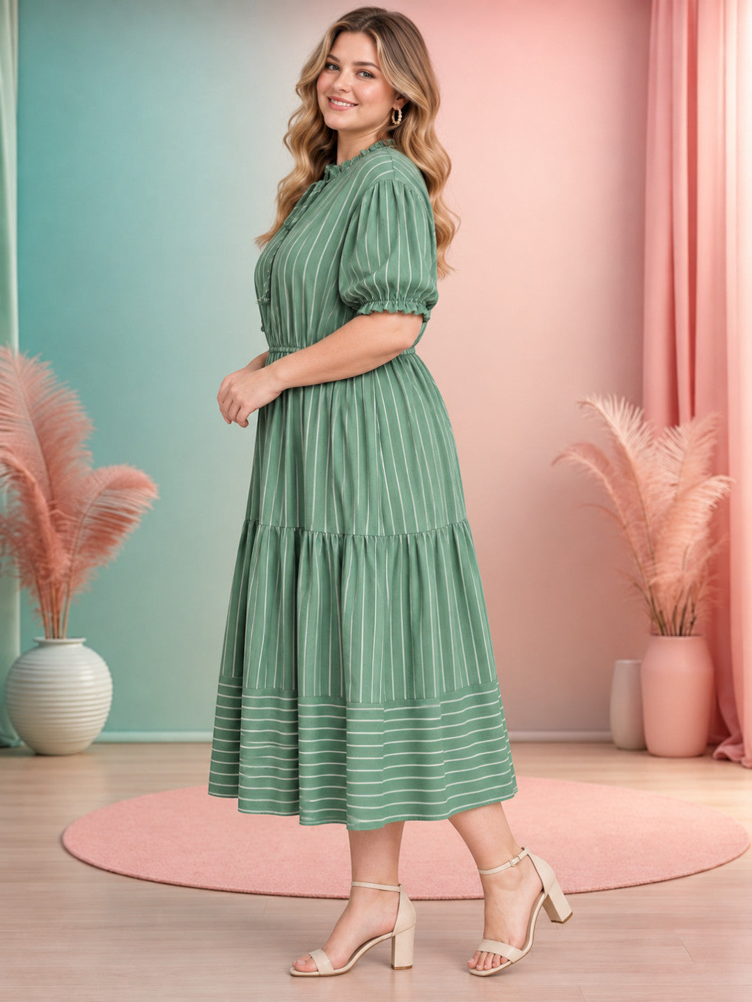 Women Plus Size Green Striped Round Neck Tie-Up Short Sleeve Midi Dress