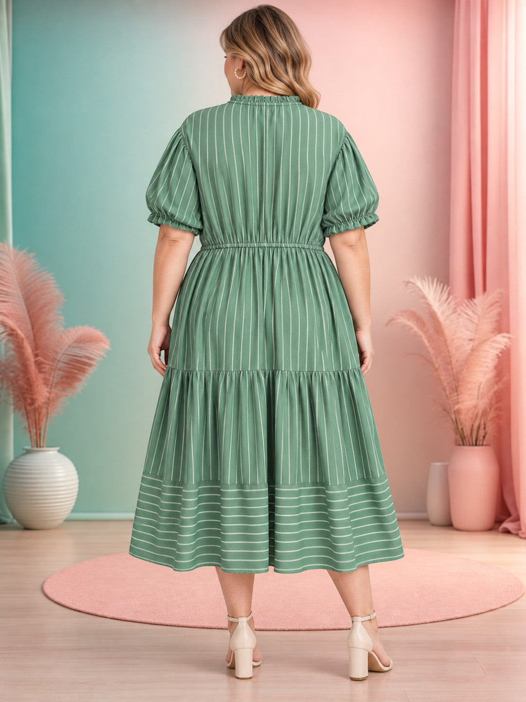 Women Plus Size Green Striped Round Neck Tie-Up Short Sleeve Midi Dress