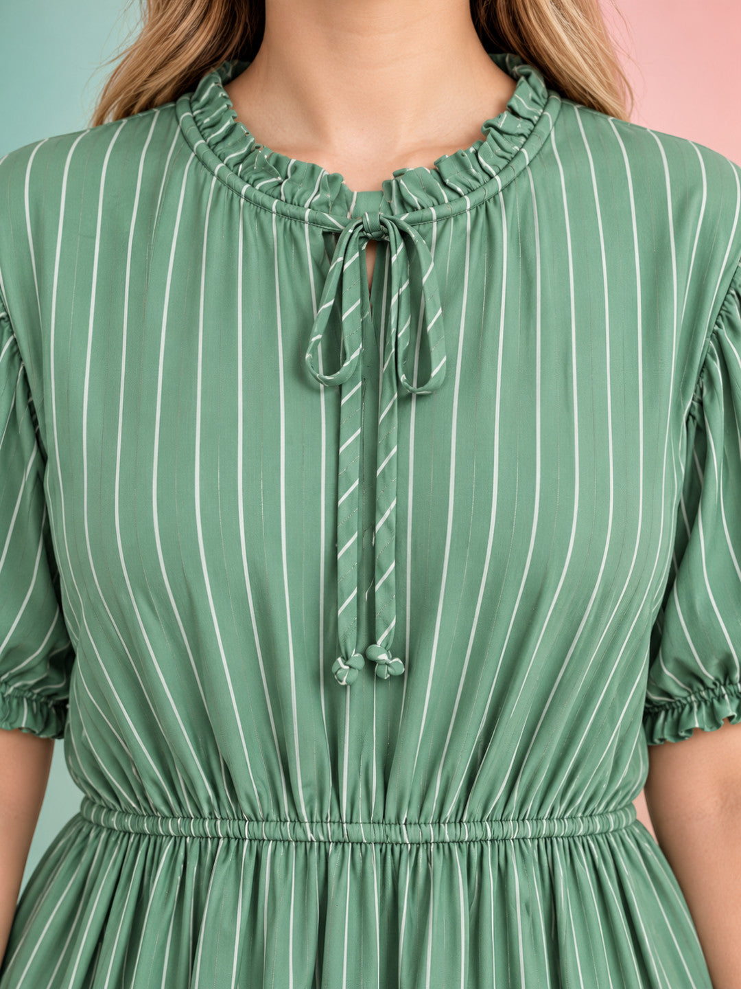 Women Plus Size Green Striped Round Neck Tie-Up Short Sleeve Midi Dress
