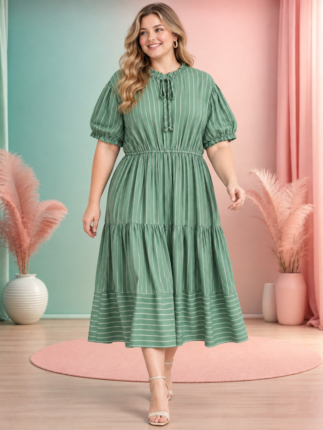 Women Plus Size Green Striped Round Neck Tie-Up Short Sleeve Midi Dress