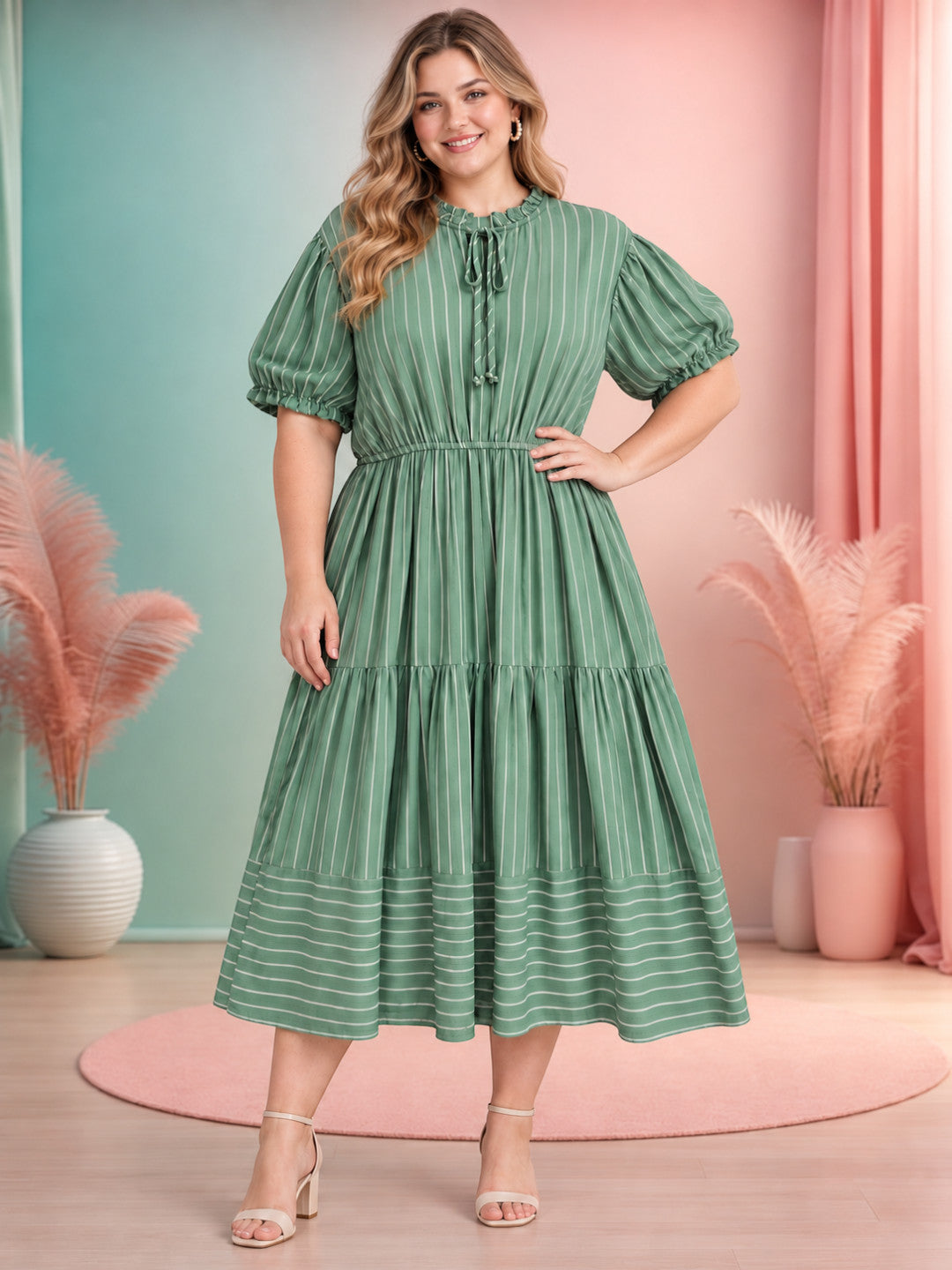 Women Plus Size Green Striped Round Neck Tie-Up Short Sleeve Midi Dress