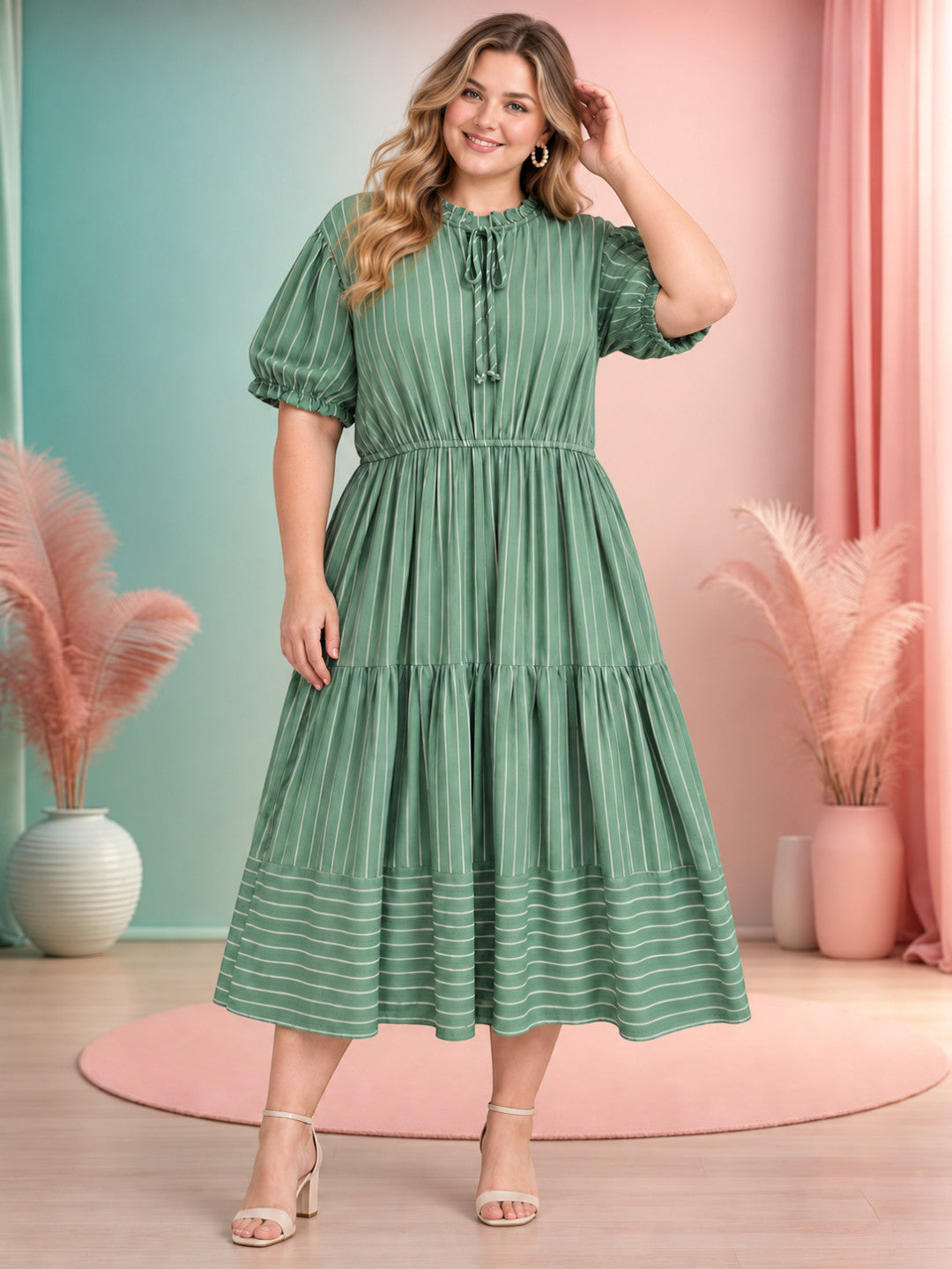 Women Plus Size Green Striped Round Neck Tie-Up Short Sleeve Midi Dress