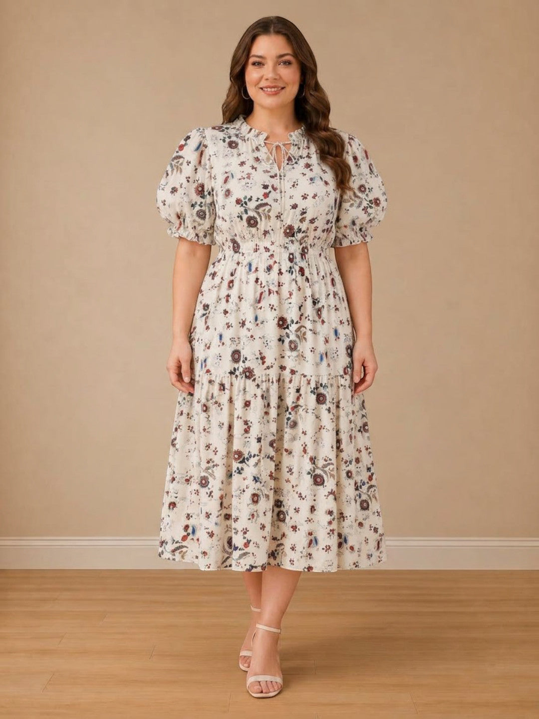 Women Plus Size White Floral Print Round Neck Tie-Up Short Sleeve Midi Dress