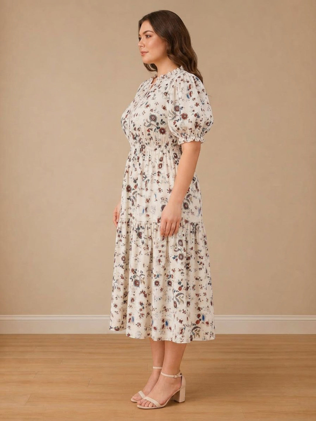 Women Plus Size White Floral Print Round Neck Tie-Up Short Sleeve Midi Dress