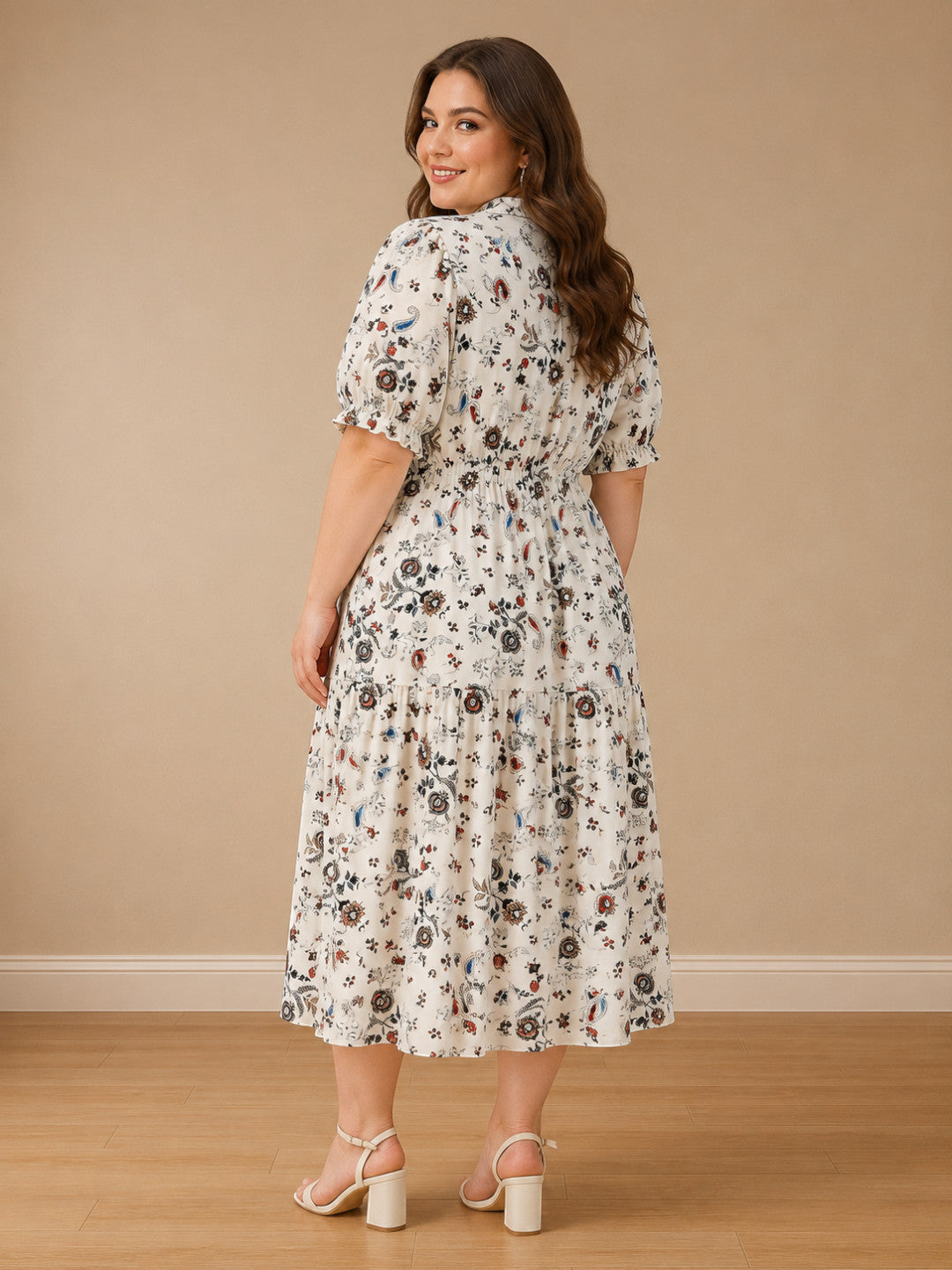 Women Plus Size White Floral Print Round Neck Tie-Up Short Sleeve Midi Dress