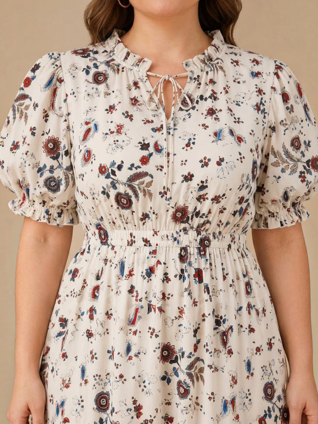 Women Plus Size White Floral Print Round Neck Tie-Up Short Sleeve Midi Dress