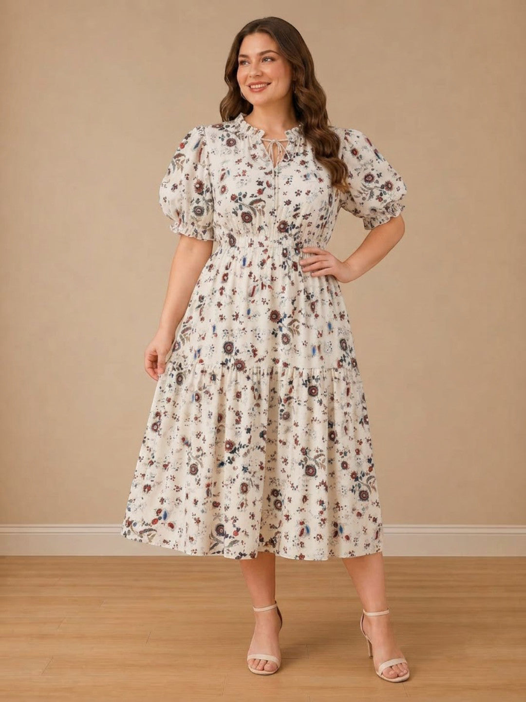 Women Plus Size White Floral Print Round Neck Tie-Up Short Sleeve Midi Dress