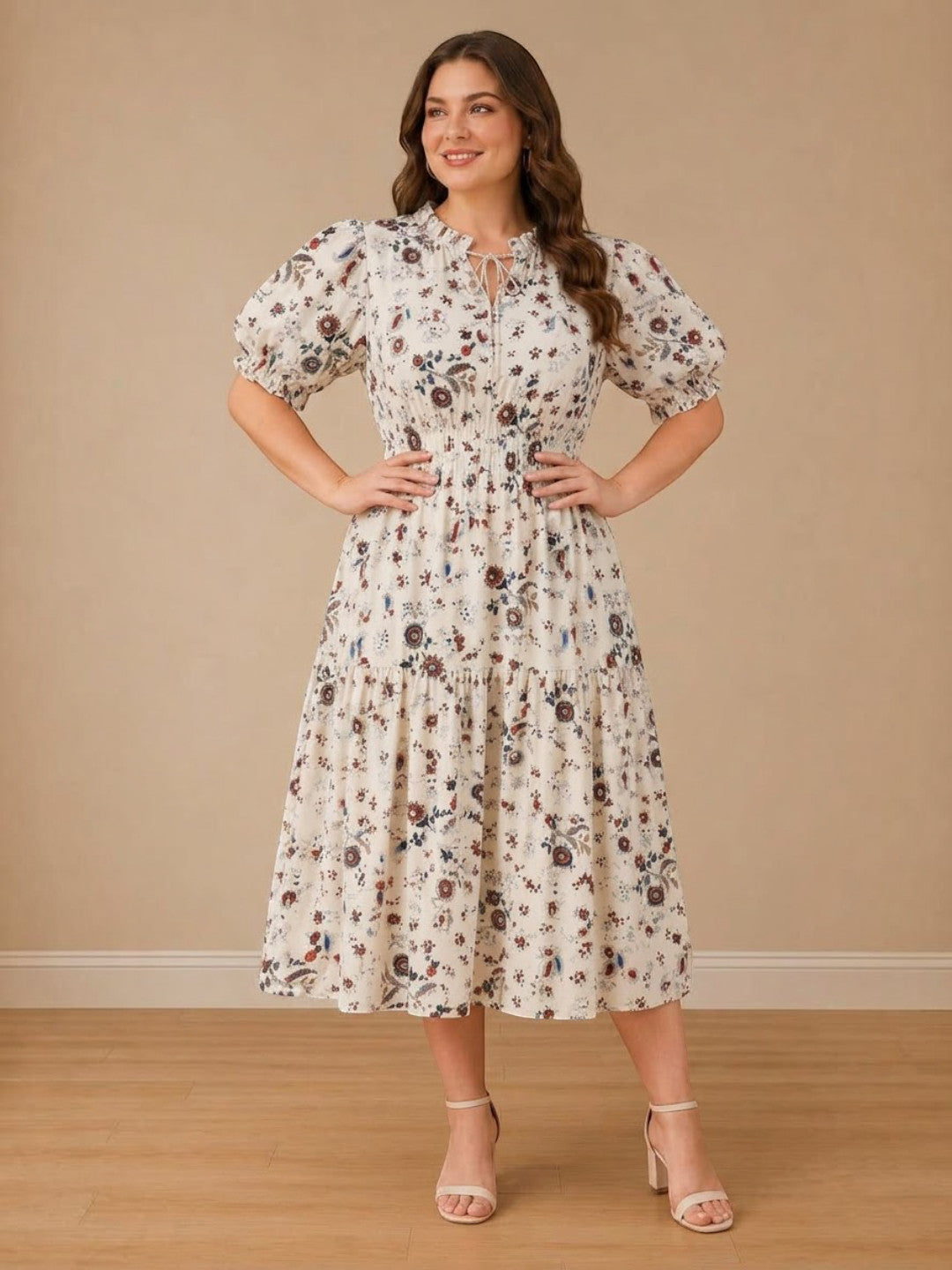 Women Plus Size White Floral Print Round Neck Tie-Up Short Sleeve Midi Dress
