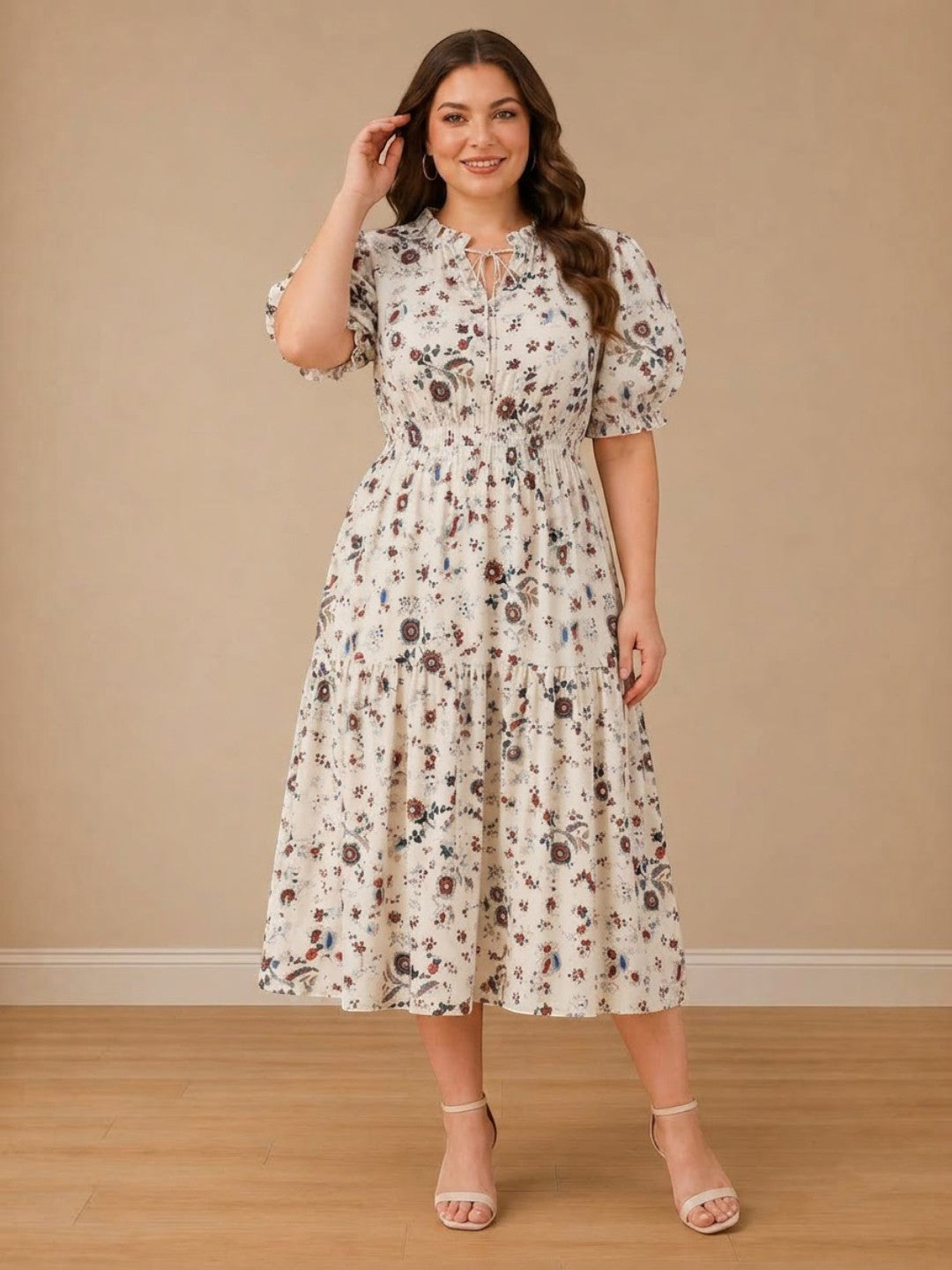 Women Plus Size White Floral Print Round Neck Tie-Up Short Sleeve Midi Dress