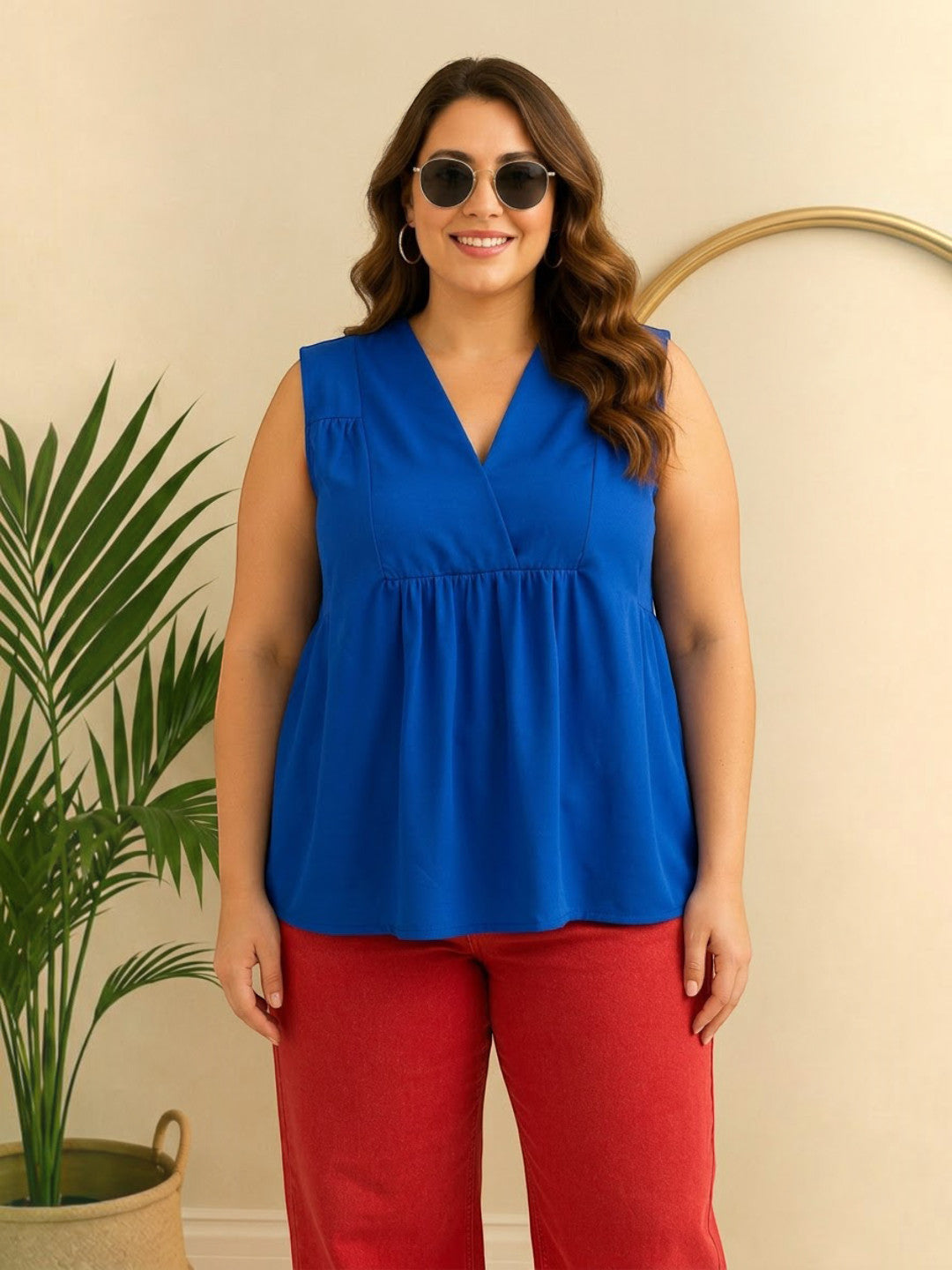 Women Plus Size Blue Top Oxolloxo
