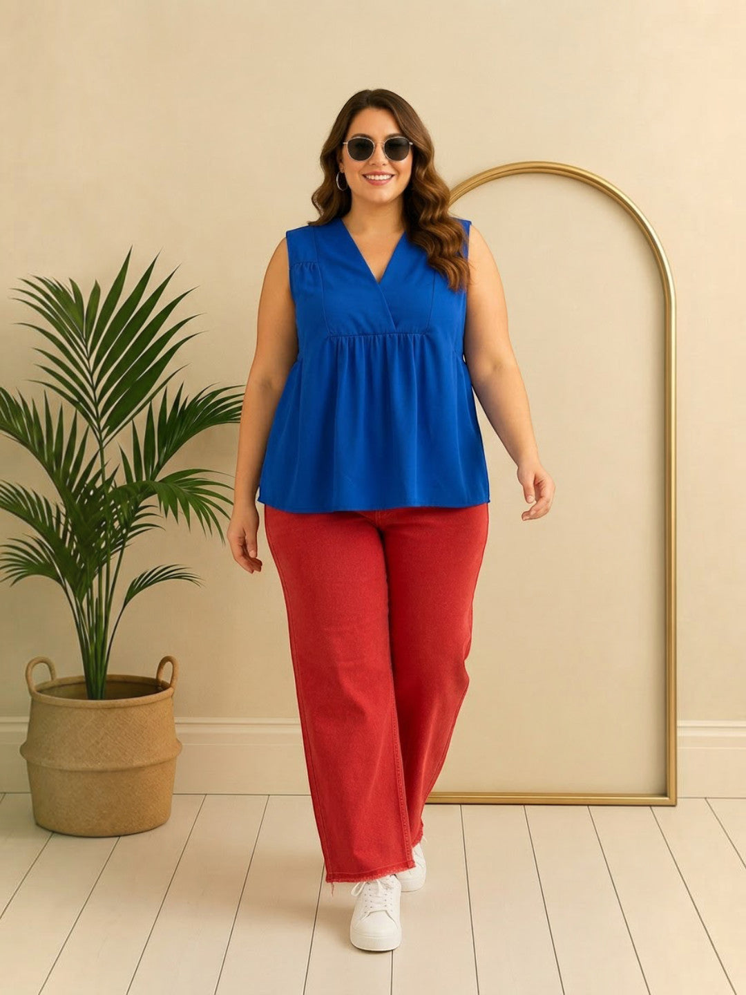 Women Plus Size Blue Top Oxolloxo