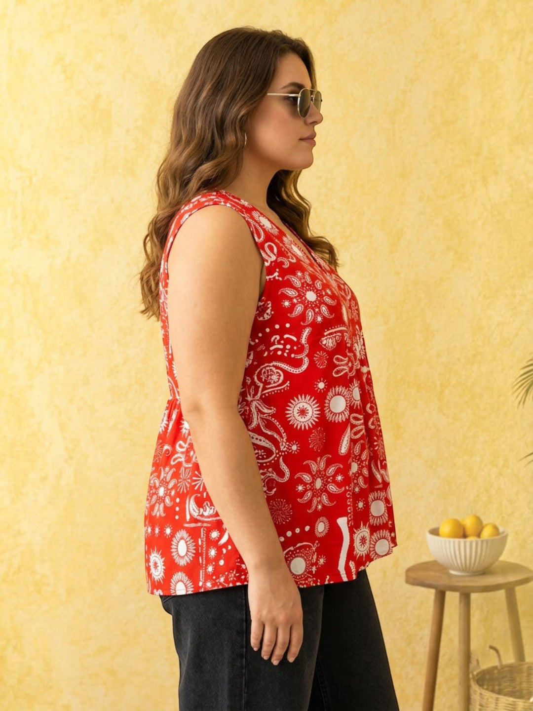 Women Plus Size Red Floral Cotton Top Oxolloxo