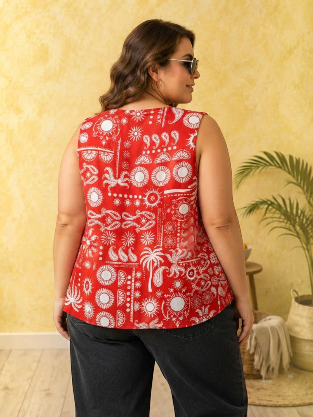 Women Plus Size Red Floral Cotton Top Oxolloxo