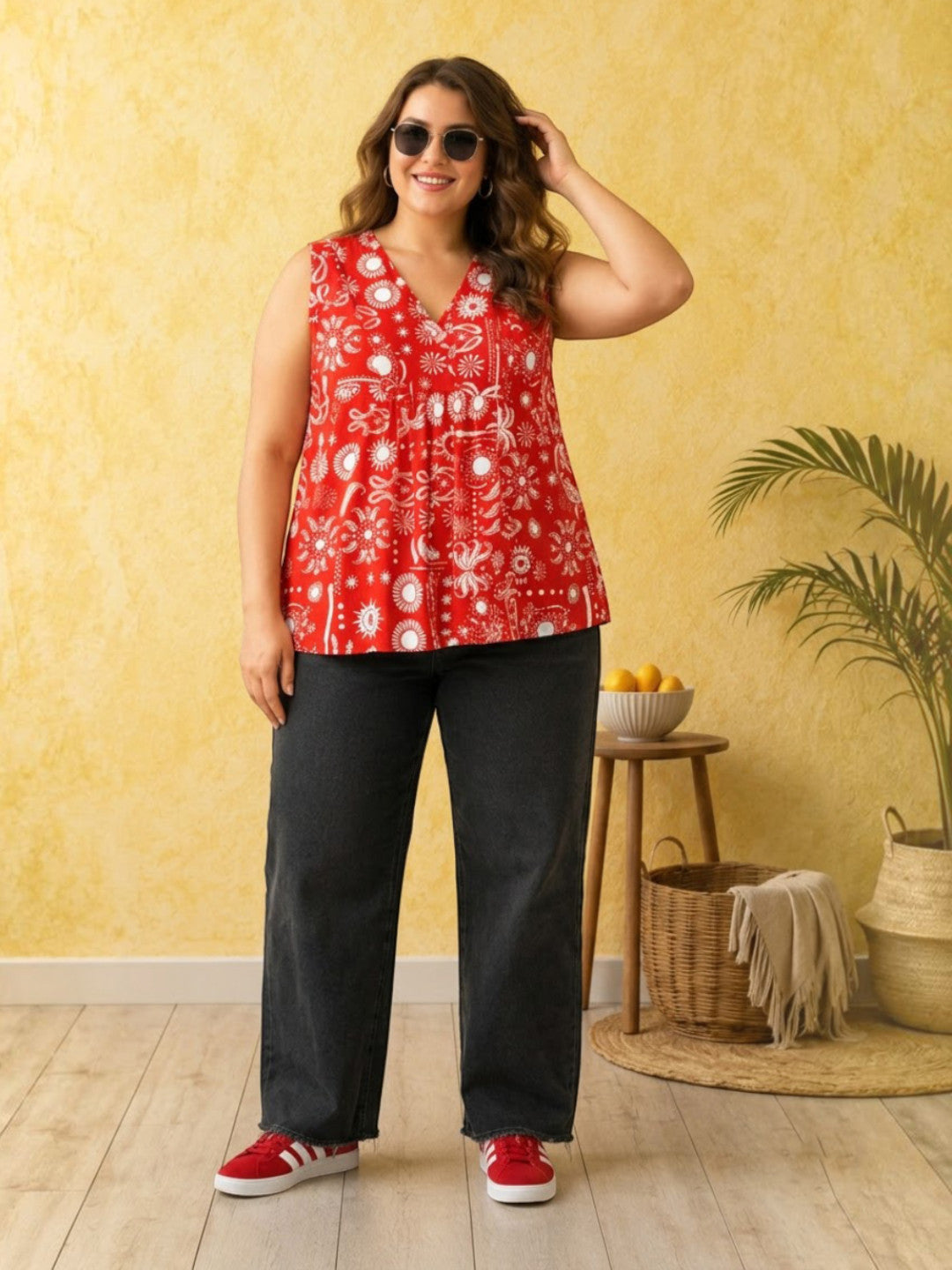 Women Plus Size Red Floral Cotton Top Oxolloxo