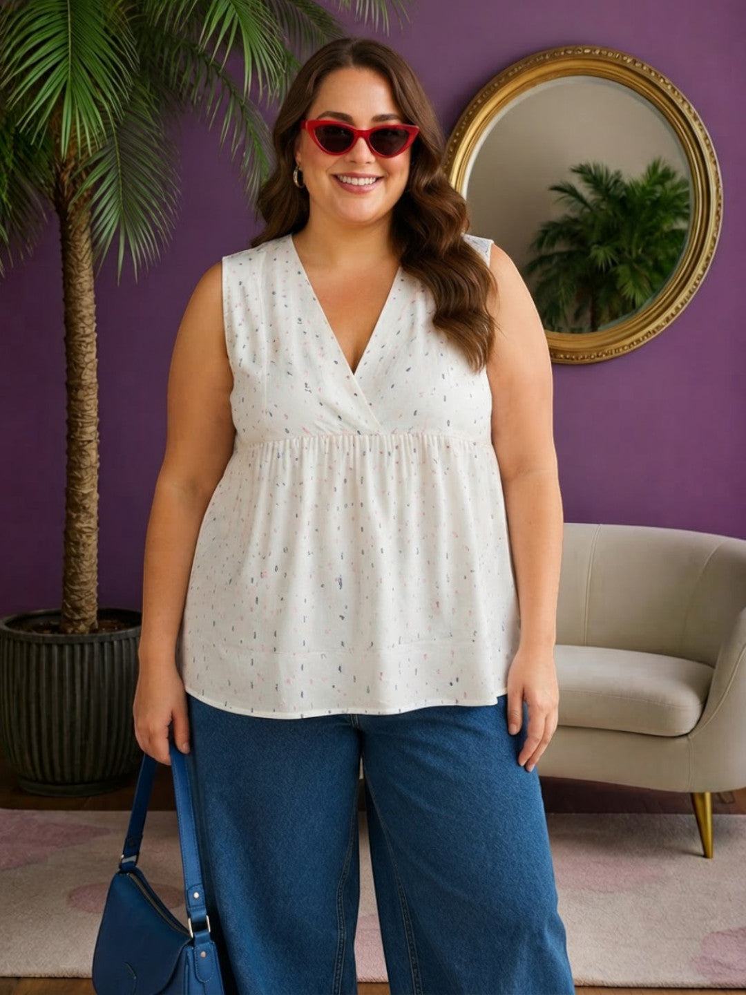 Women Plus Size White Dobby Cotton Top Oxolloxo
