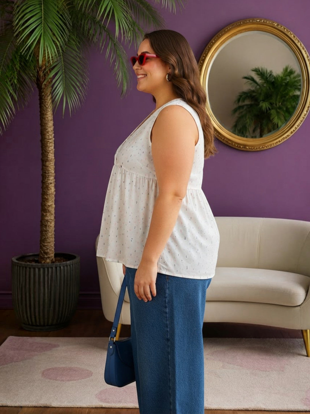 Women Plus Size White Dobby Cotton Top Oxolloxo
