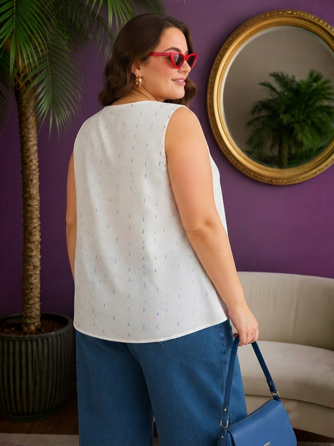 Women Plus Size White Dobby Cotton Top Oxolloxo