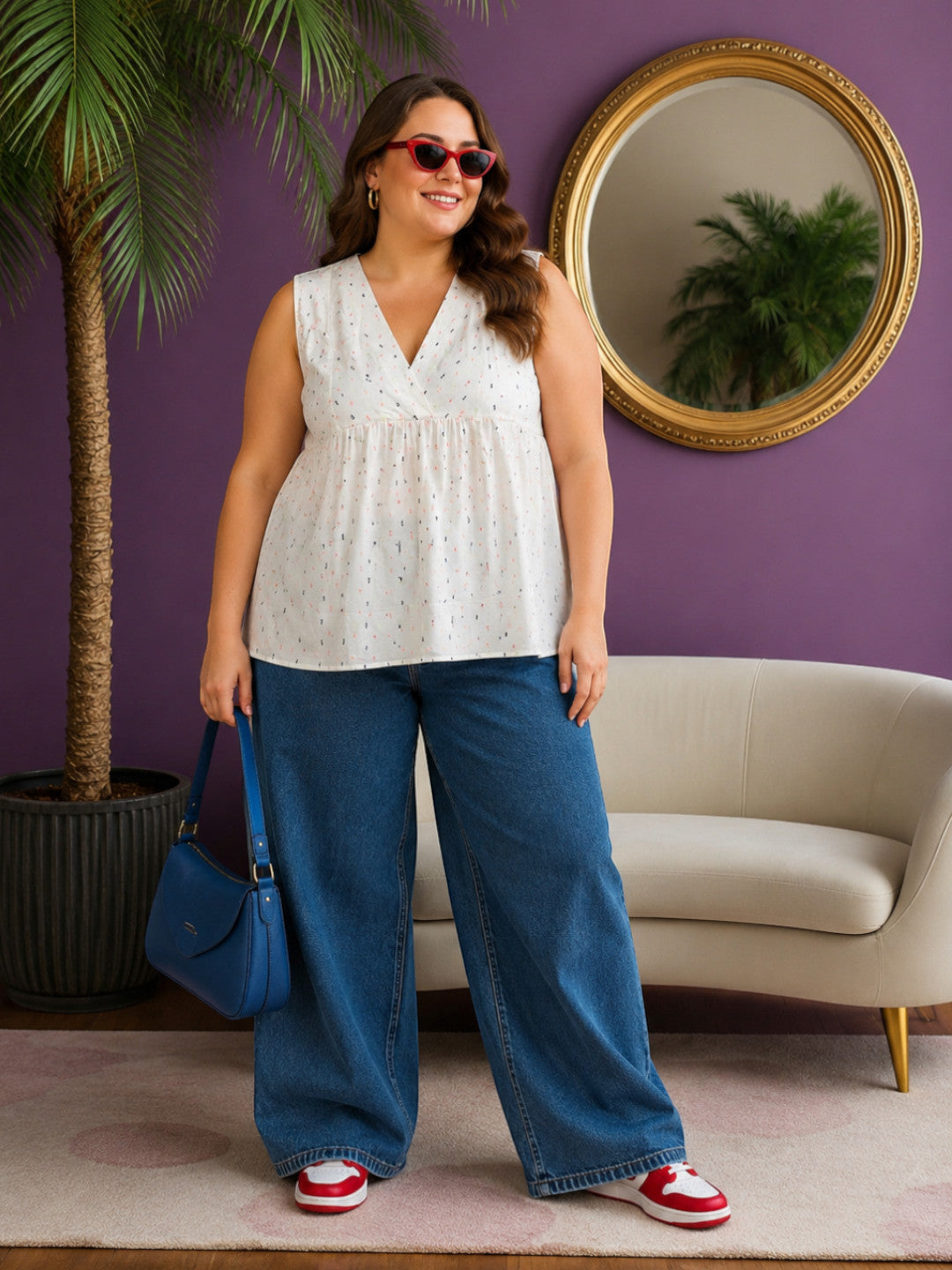 Women Plus Size White Dobby Cotton Top Oxolloxo