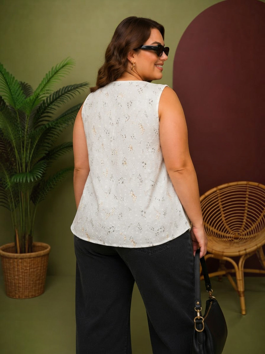 Women Plus Size White Dobby Cotton Top Oxolloxo