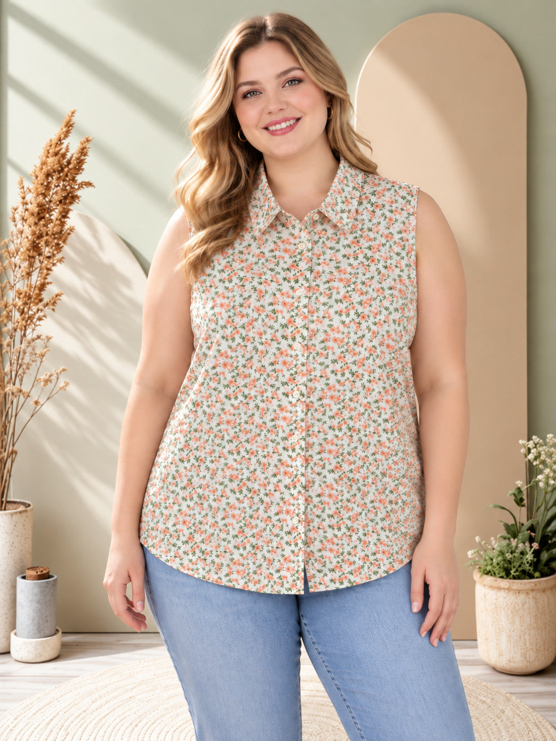 Women Plus Size Multicolor Floral Print Collared Button-Down Sleeveless Shirt