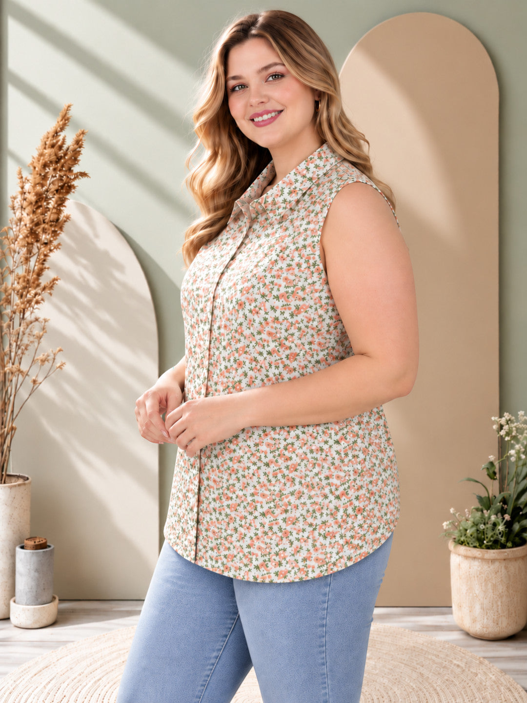 Women Plus Size Multicolor Floral Print Collared Button-Down Sleeveless Shirt