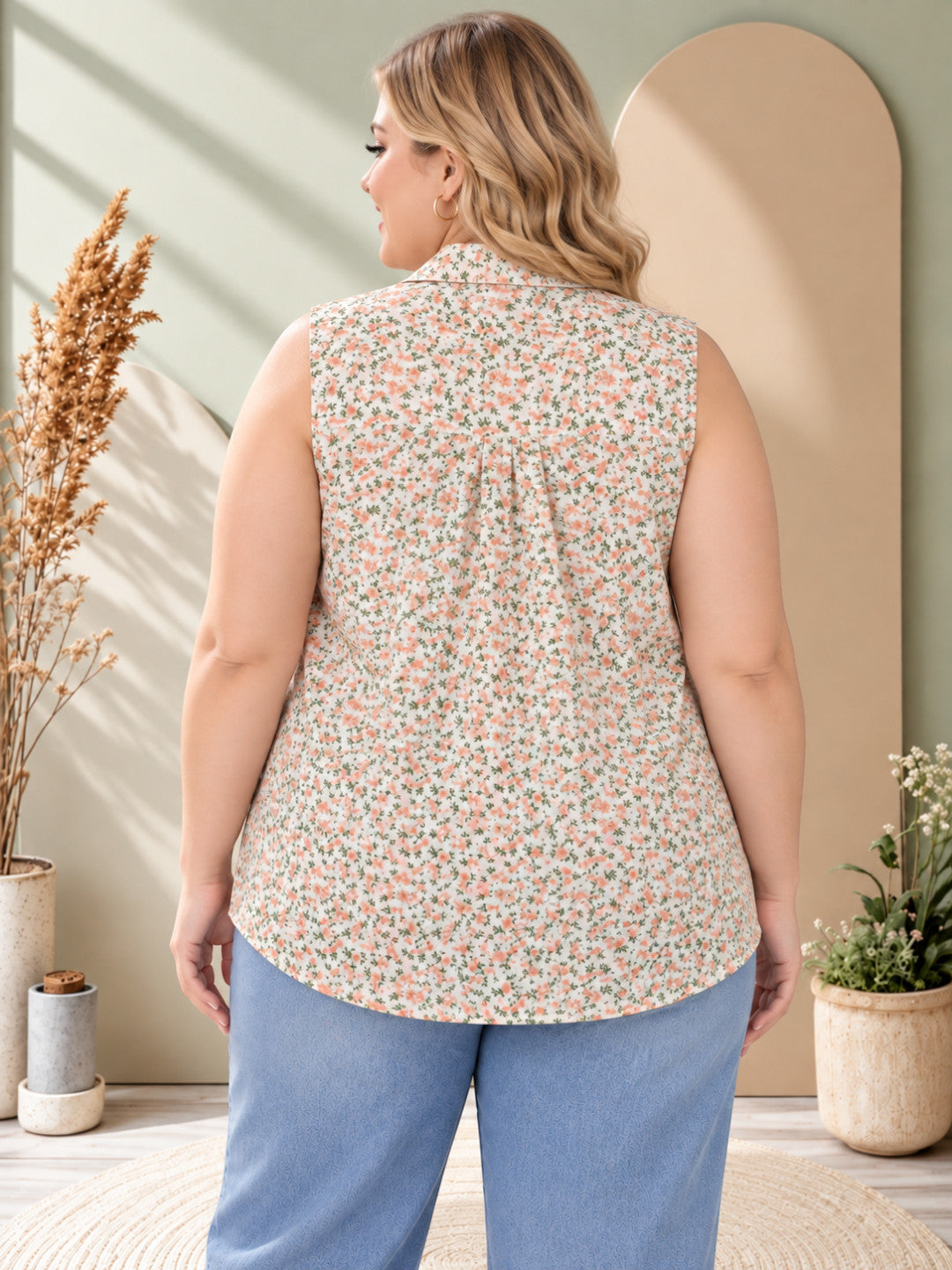 Women Plus Size Multicolor Floral Print Collared Button-Down Sleeveless Shirt