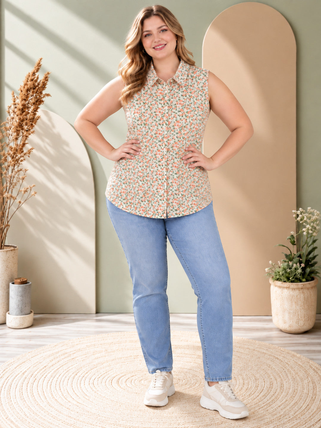 Women Plus Size Multicolor Floral Print Collared Button-Down Sleeveless Shirt